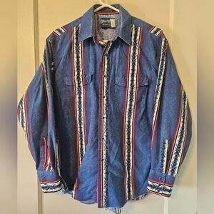 Wrangler Vintage Retro Denim Pearl Snap Long Sleeve Shirt Large
